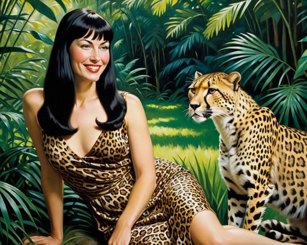 Glamorous Woman in Leopard Dress with Majestic Leopard