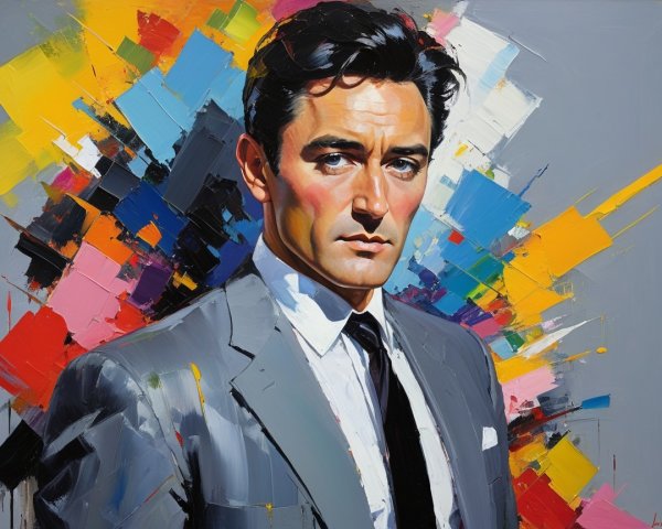 Portrait of a man in a tailored gray suit with colors