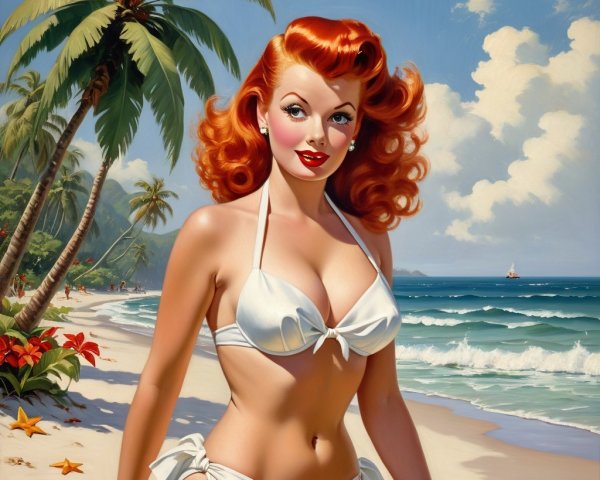 Vintage Portrait of Glamorous Woman on Sunny Beach