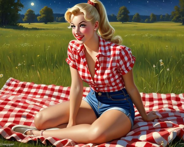Cheerful Woman on Picnic Blanket in Sunlit Meadow