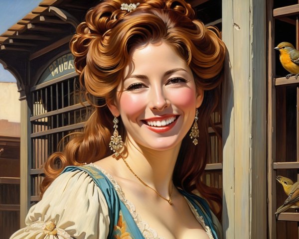 Cheerful Woman in Historical Dress by Rustic Building