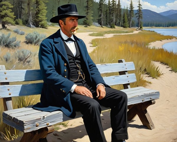 Man in Formal Attire by Serene Lakeside Scene