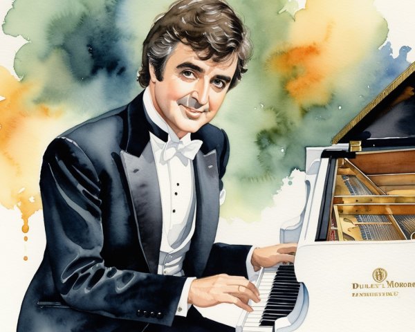 Elegant Man in Tuxedo Playing Grand Piano with Watercolors