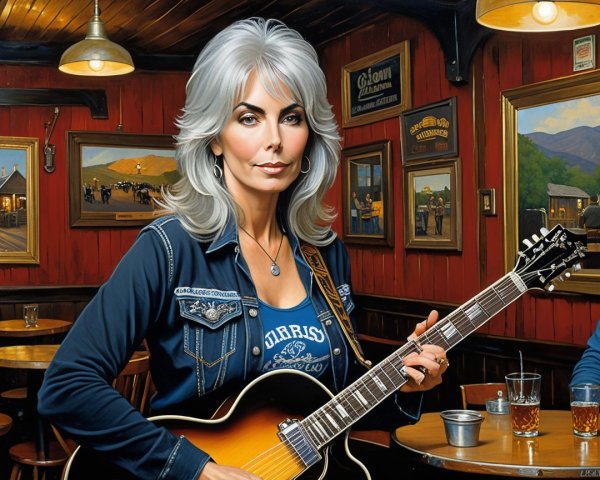 Silver-Haired Woman with Guitar in Rustic Bar Setting