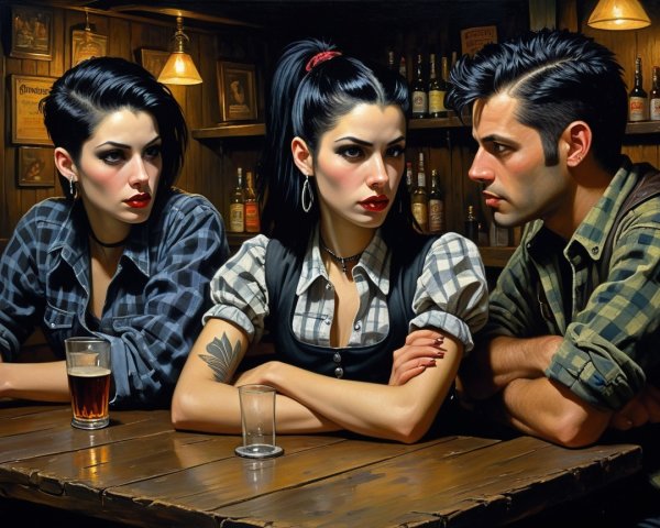 Stylish Individuals in a Dimly Lit Bar Setting
