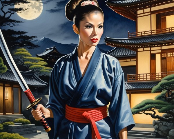 Fierce Female Warrior in Traditional Japanese Setting
