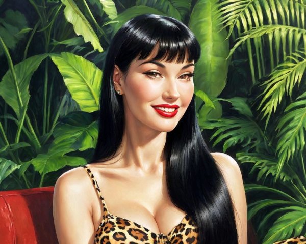 Glamorous Woman in Leopard-Print Swimsuit in Tropical Setting