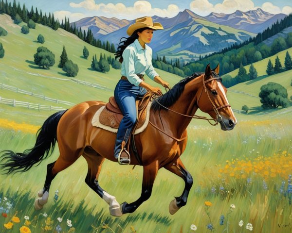 Rider on Horse in Scenic Meadow with Mountains