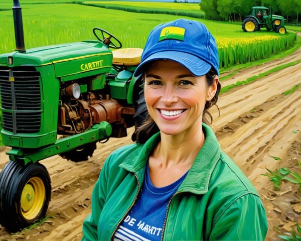 Smiling Woman in Green Field with Vintage Tractor