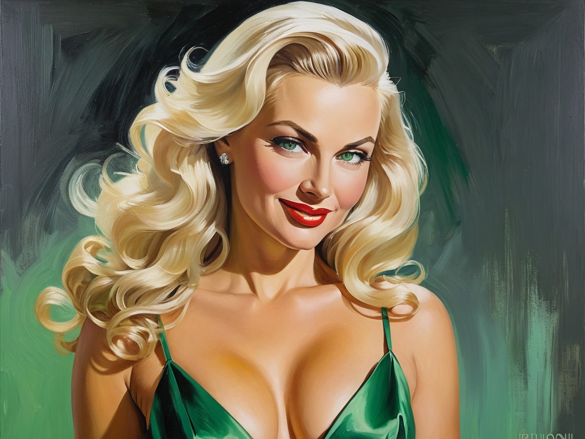 Vibrant Painting of Glamorous Woman in Green Dress