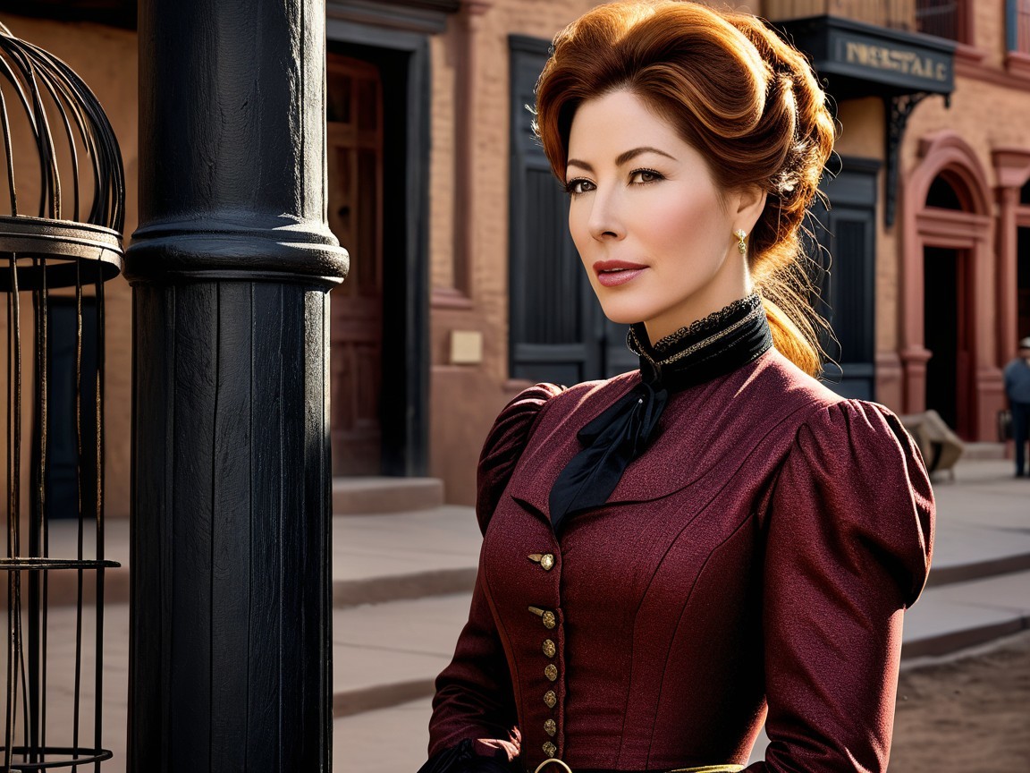 Vintage Burgundy Dress Against Western Town Backdrop