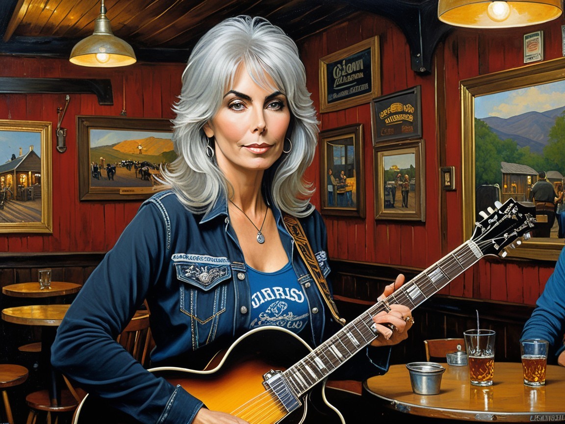 Silver-Haired Woman with Guitar in Rustic Bar Setting
