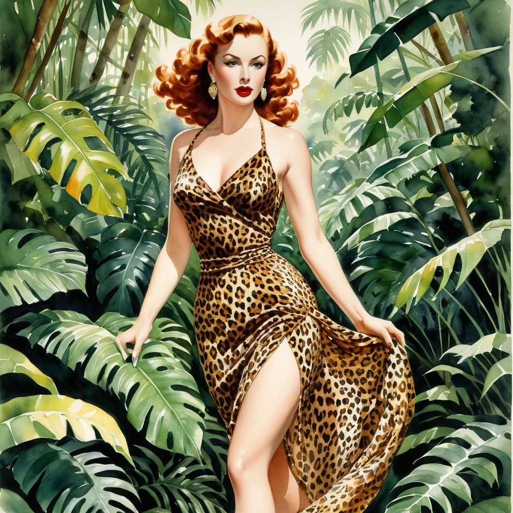 Glamorous Woman in Leopard Print Dress Among Greenery