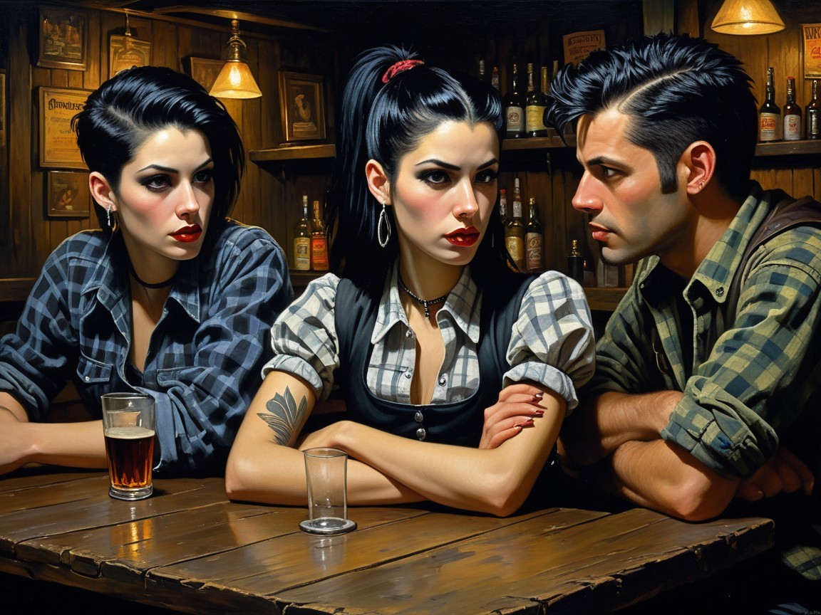 Stylish Individuals in a Dimly Lit Bar Setting