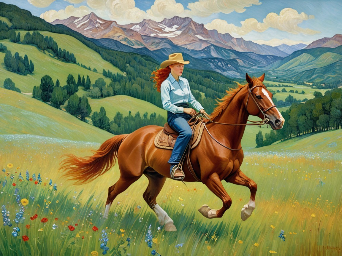 Girl on Brown Horse in Lush Green Meadow Scene