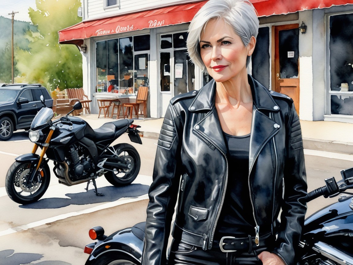 Confident Woman in Leather Jacket by Diner and Motorcycle