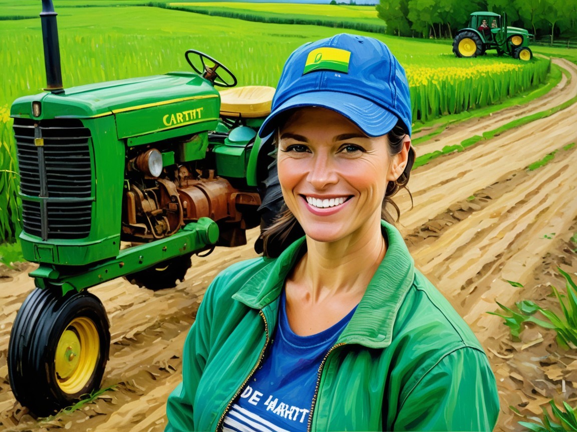 Smiling Woman in Green Field with Vintage Tractor