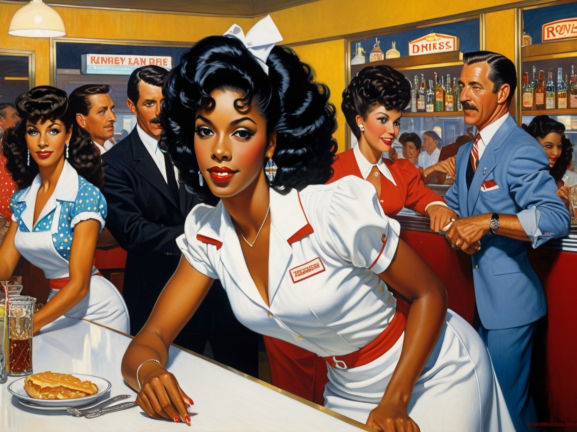 Retro Diner Scene with Waitress and Vintage Atmosphere