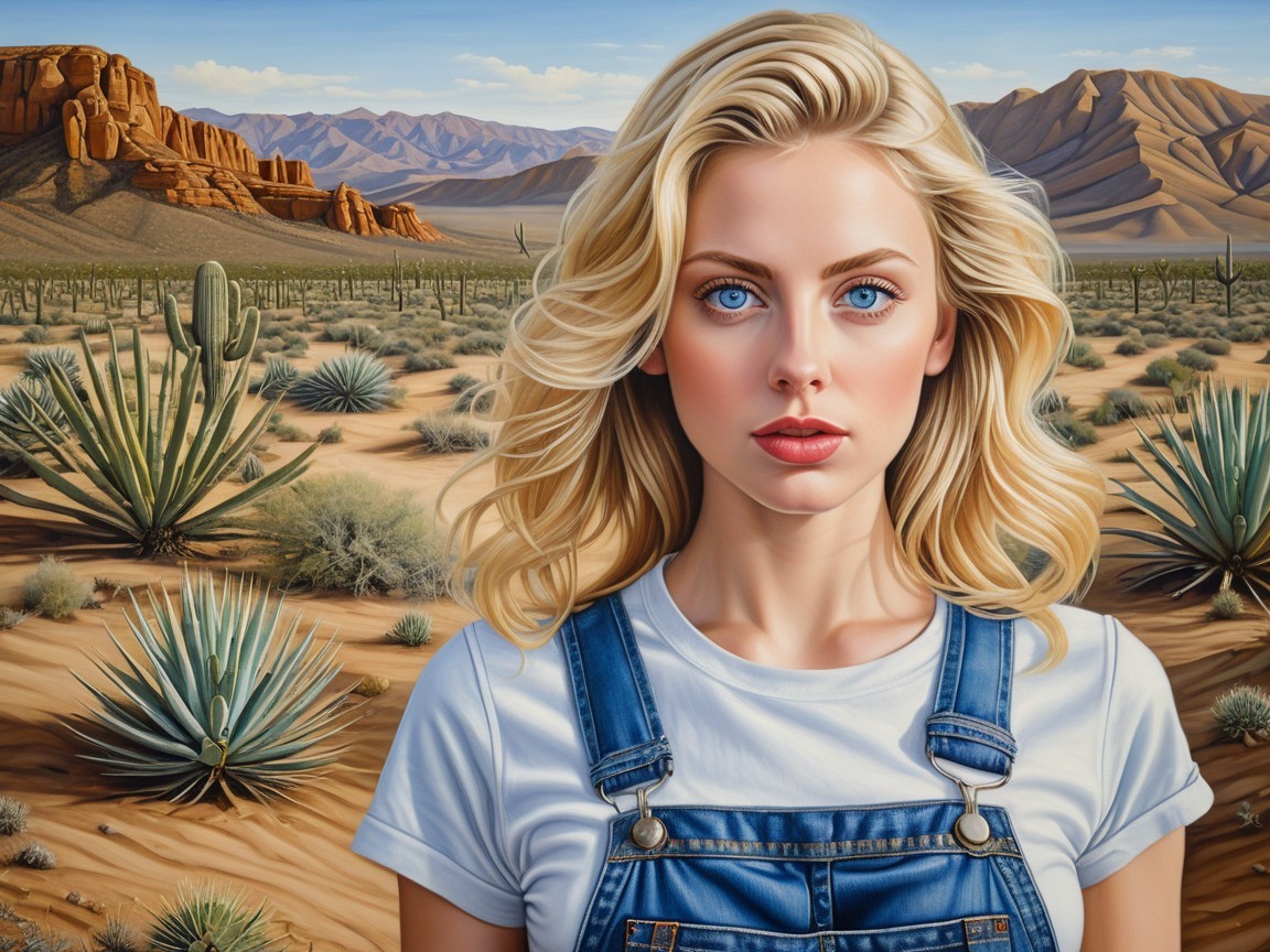 Woman in Denim Overalls in Desert Landscape