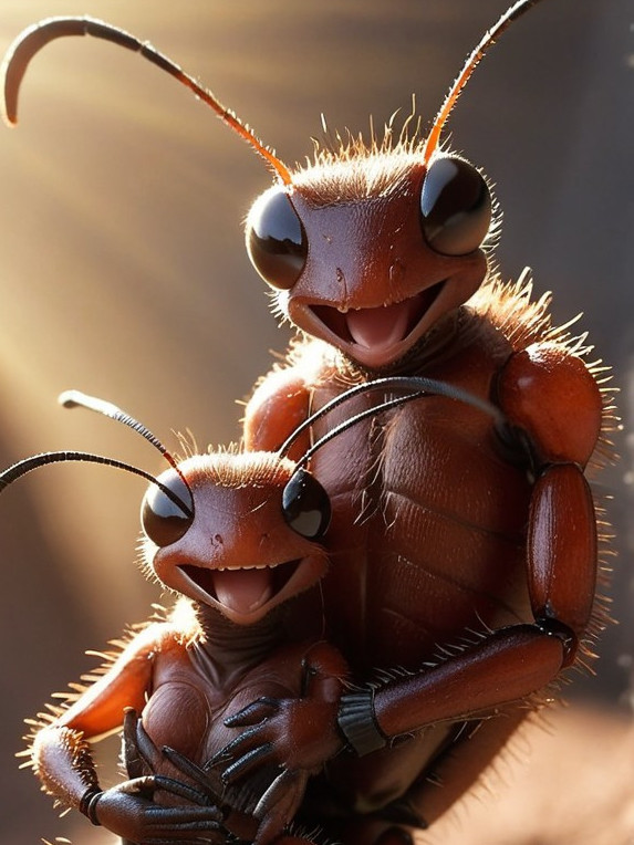 Cartoon Ants in Playful, Cheerful Interaction