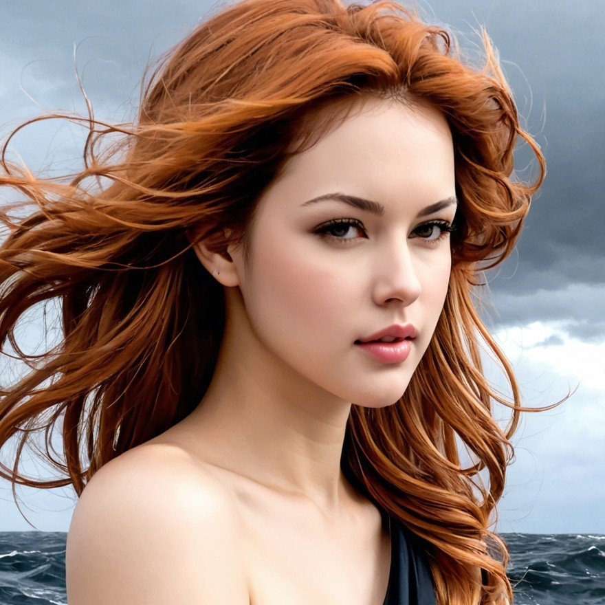 Young woman with auburn hair against cloudy sky