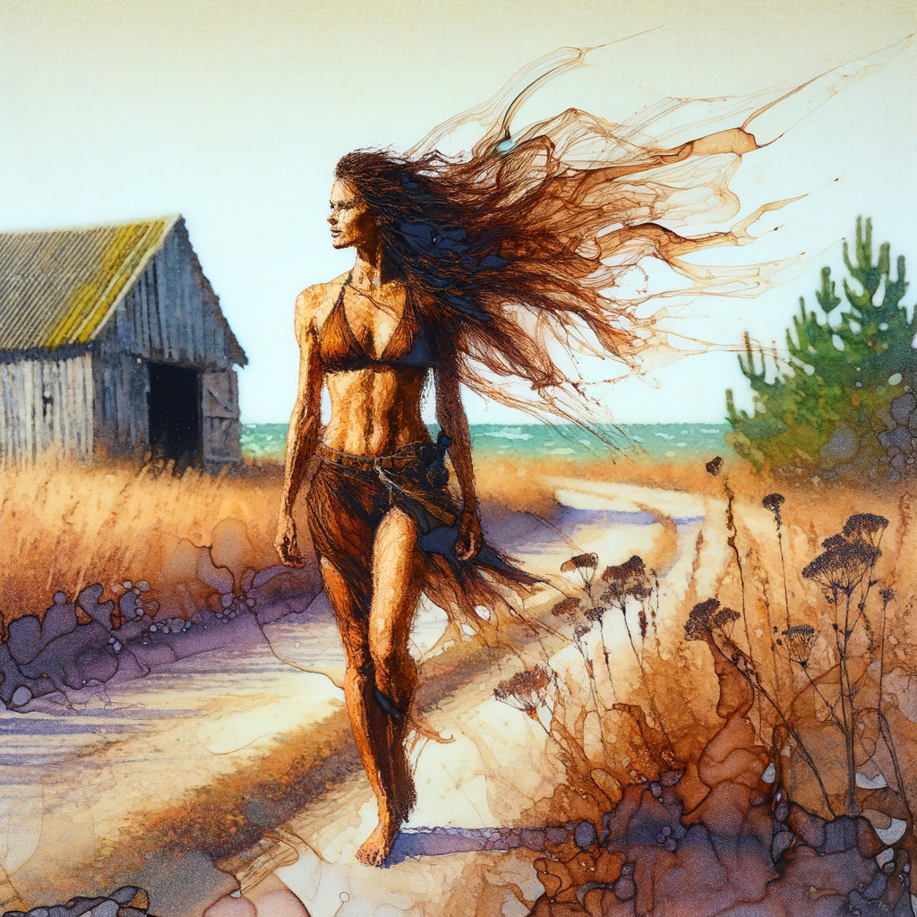 Graceful Woman on Sunlit Path in Serene Landscape