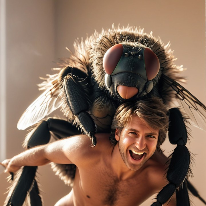 Young man poses with large, colorful fantastical insect