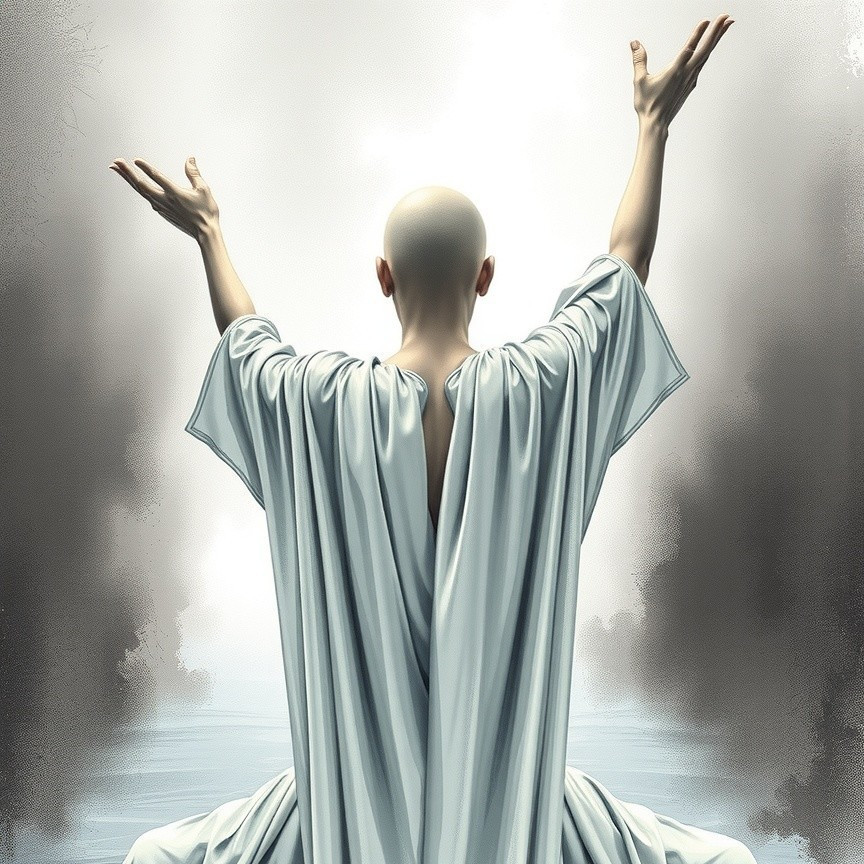 Serene Figure in White Robe Under Ethereal Light