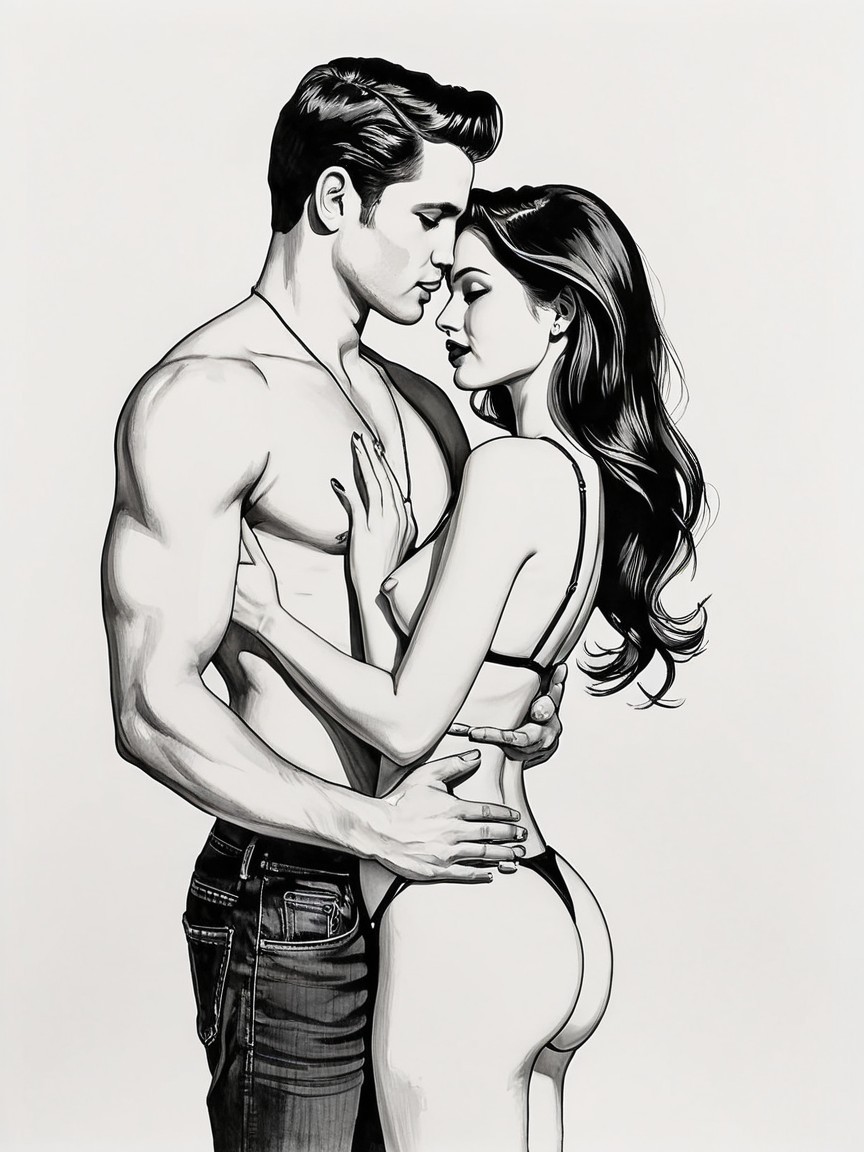 Monochrome Illustration of Embracing Couple's Physiques