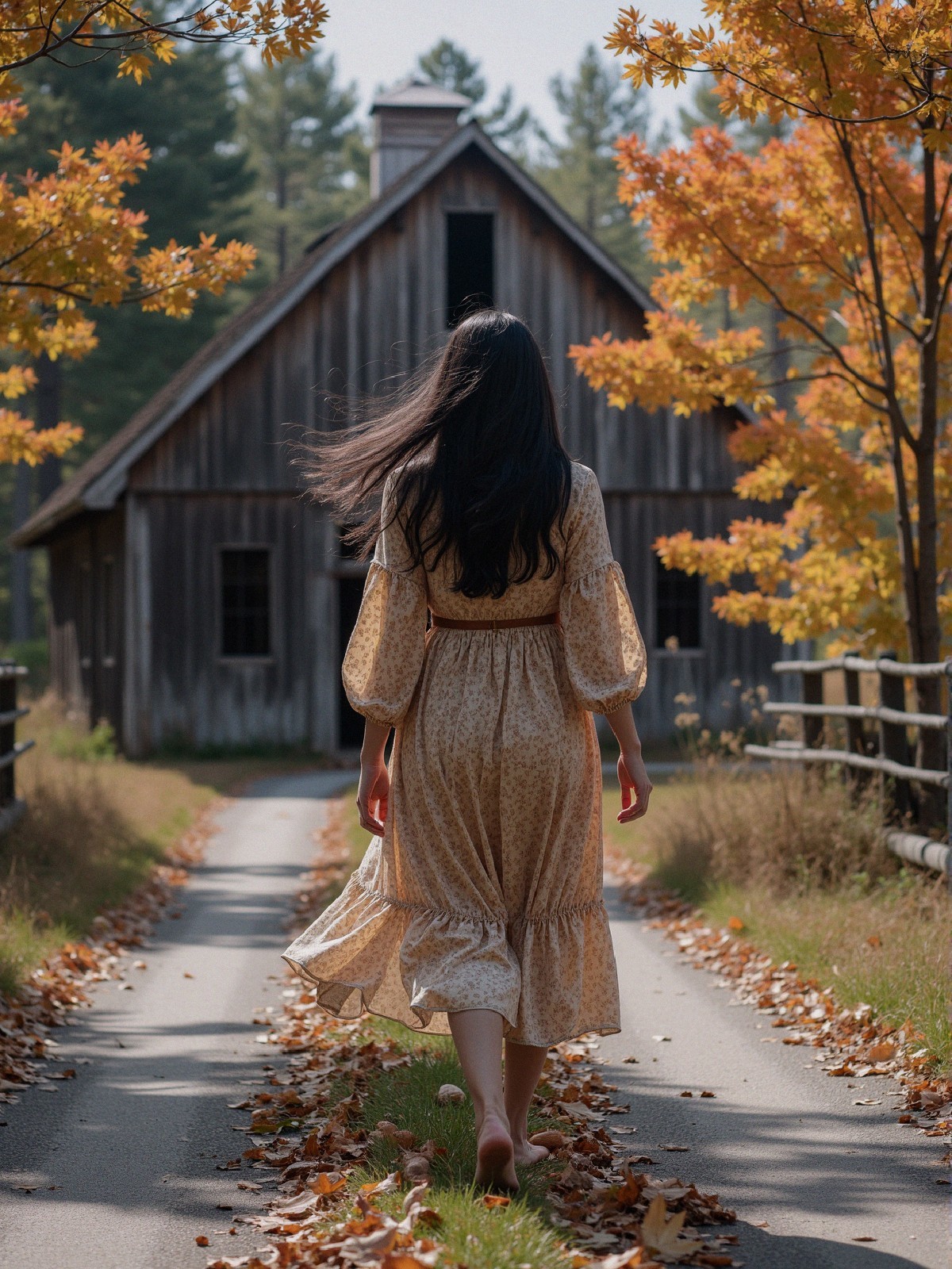 Woman in patterned dress on autumn path by cabin