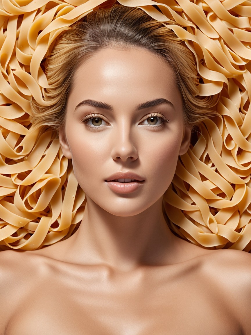 Close-Up Portrait of Woman on Yellow Pasta Strands