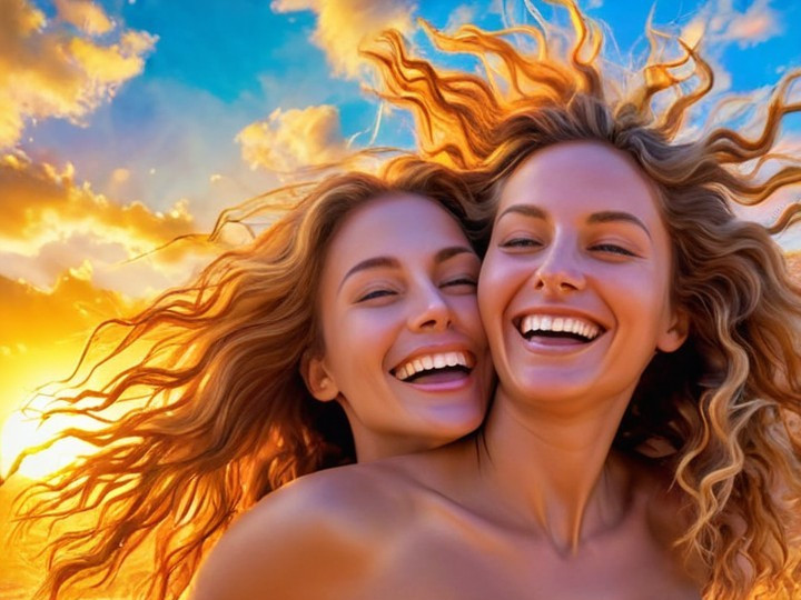 Joyful Women Embracing at Sunset with Vibrant Colors