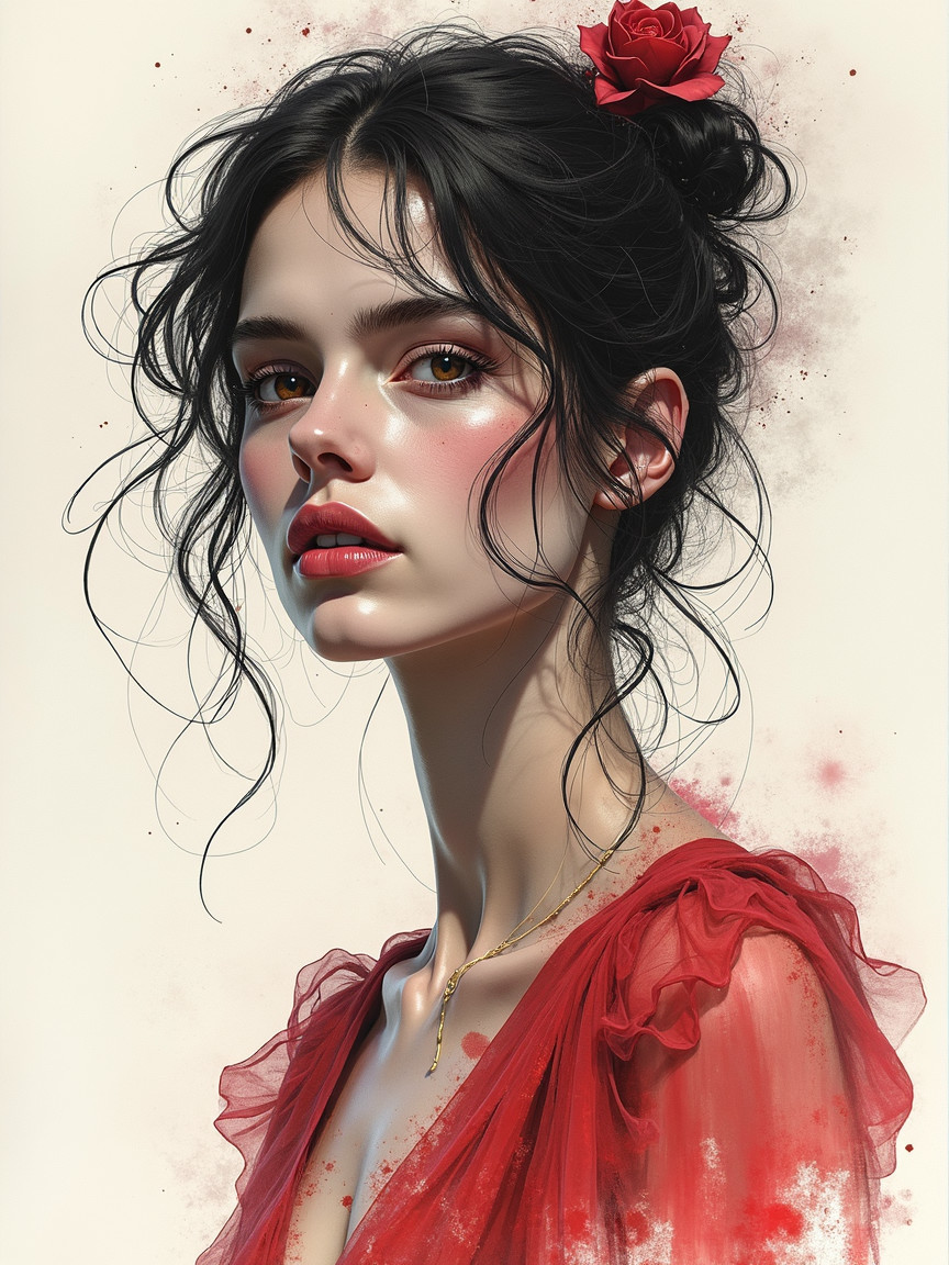 Portrait of a young woman in a romantic red dress