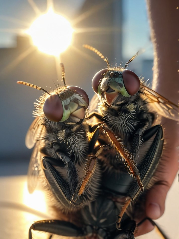 Close-up of Flies Against a Sunset Background