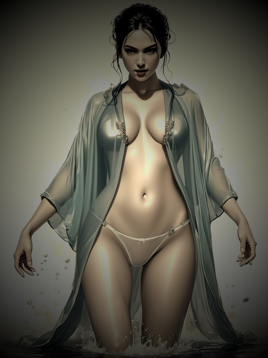 Ethereal Figure in Sheer Robe Emerges from Water