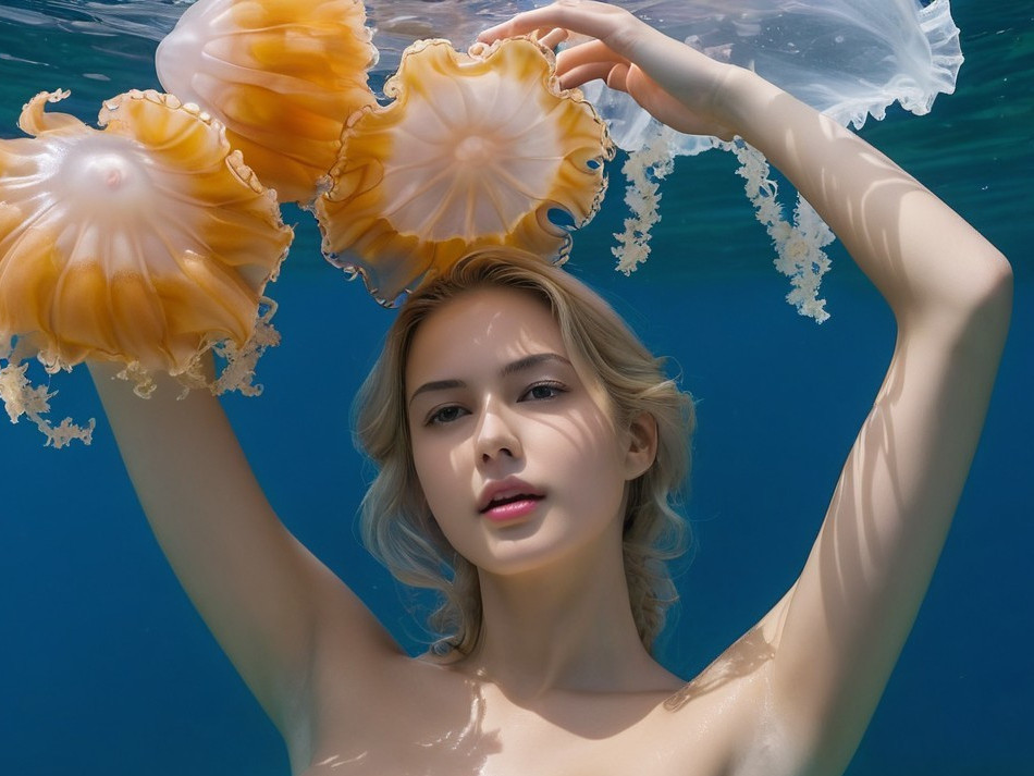 Underwater Scene with Woman and Golden Jellyfish