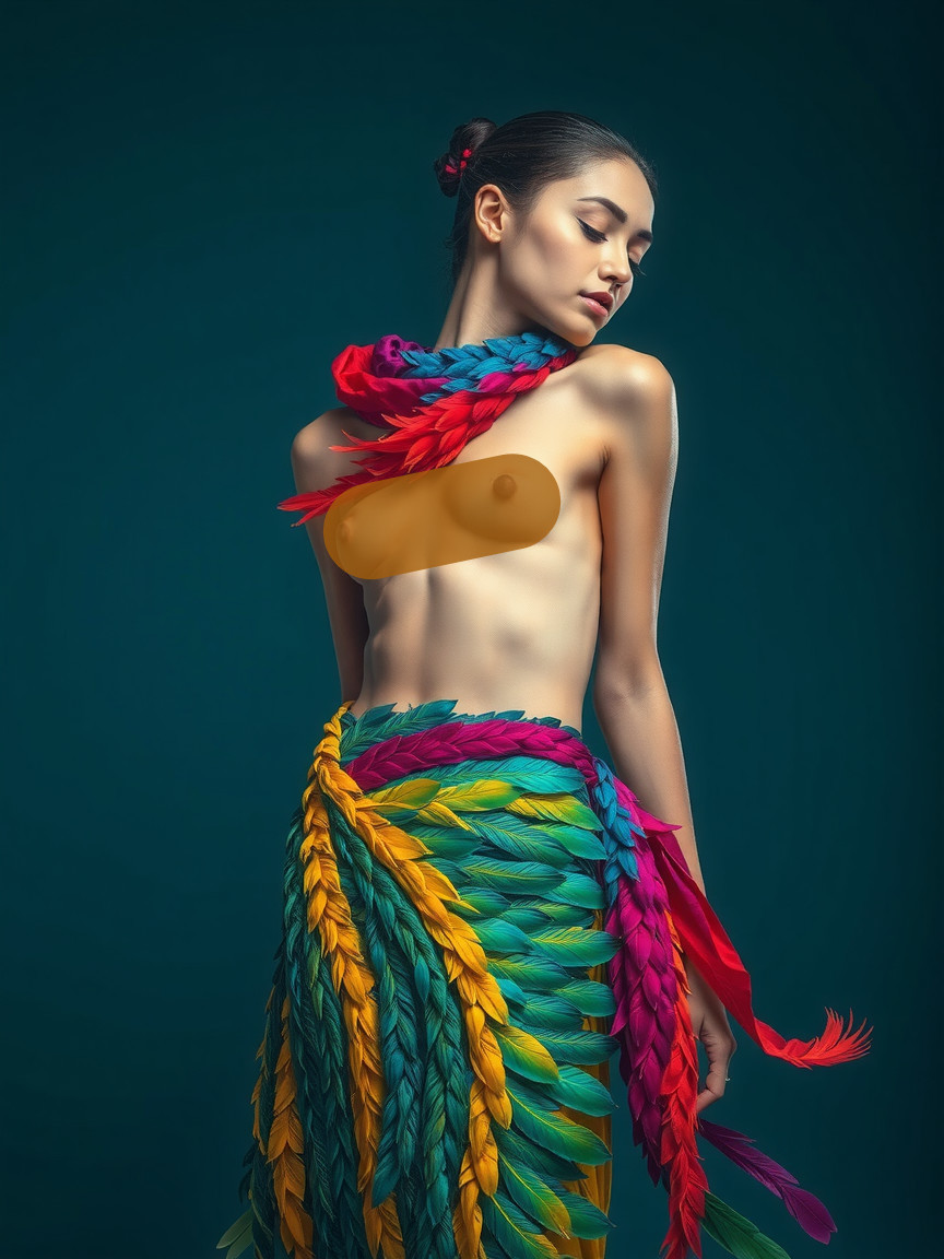 Model in Vibrant Multicolored Feather Ensemble
