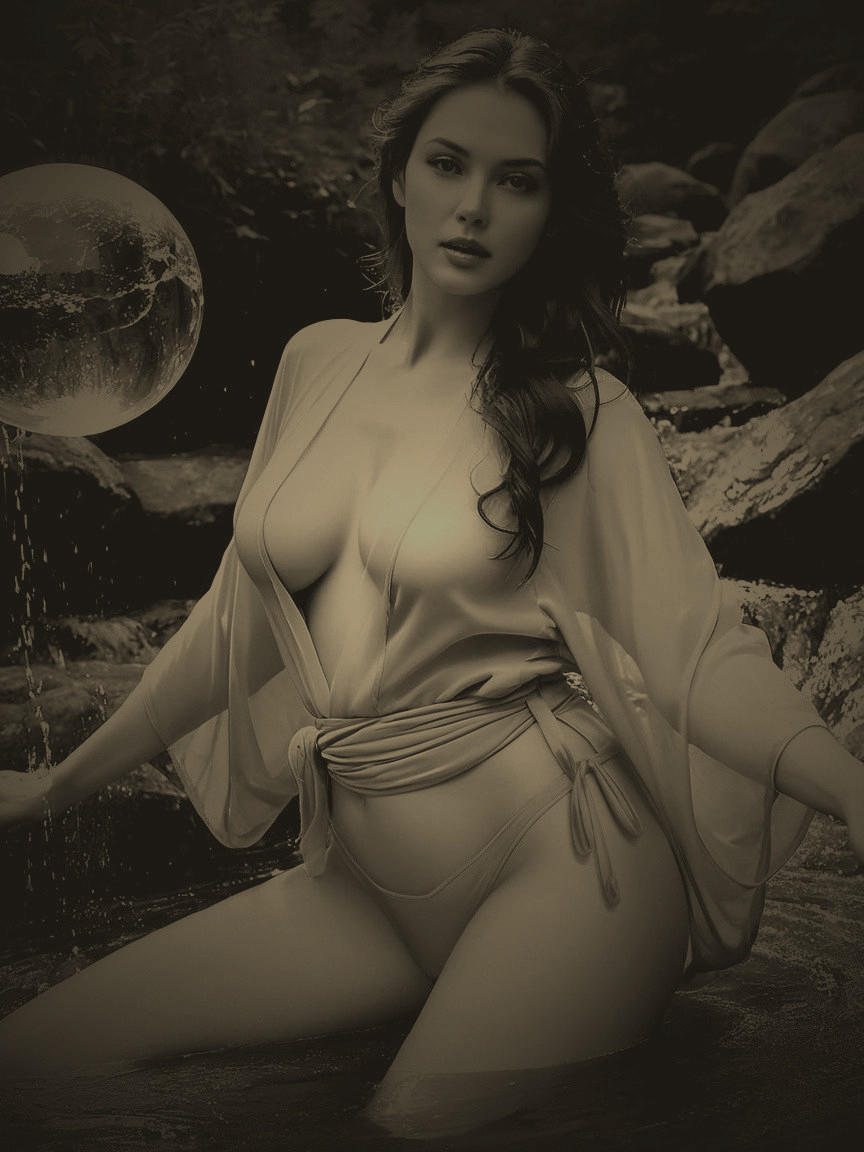 Woman in flowing garment by serene water setting