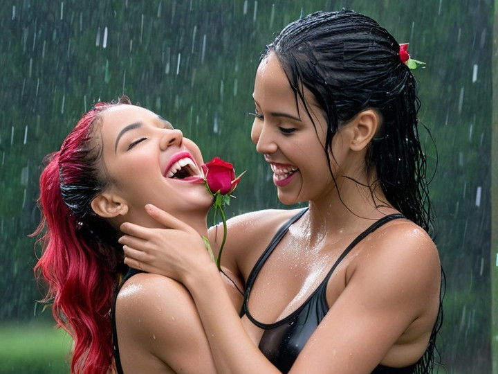 Friends Embracing in the Rain with a Red Rose