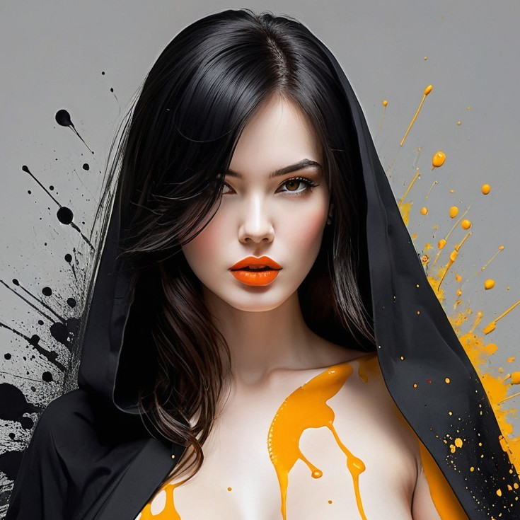 Portrait of a woman with dark hair and orange makeup
