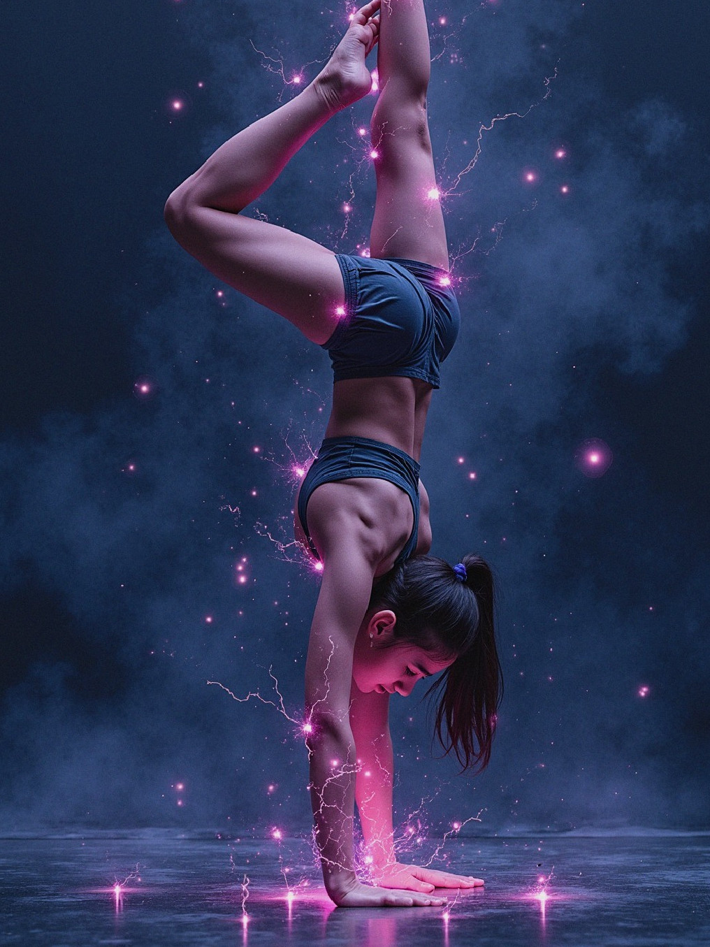 Female Acrobat in Handstand with Cosmic Backdrop