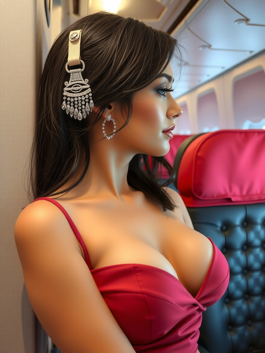 Woman in red dress seated on airplane, gazing out window