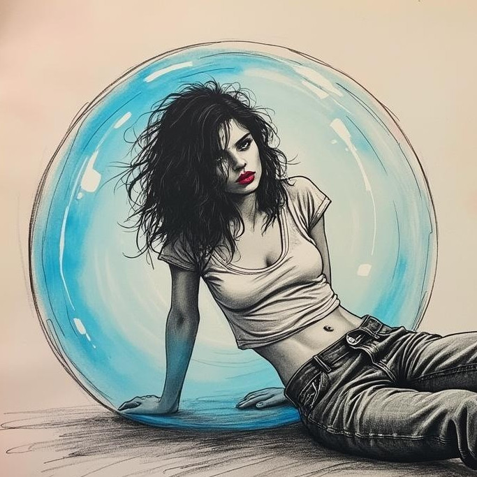 Woman in Fitted Outfit Against Translucent Bubble
