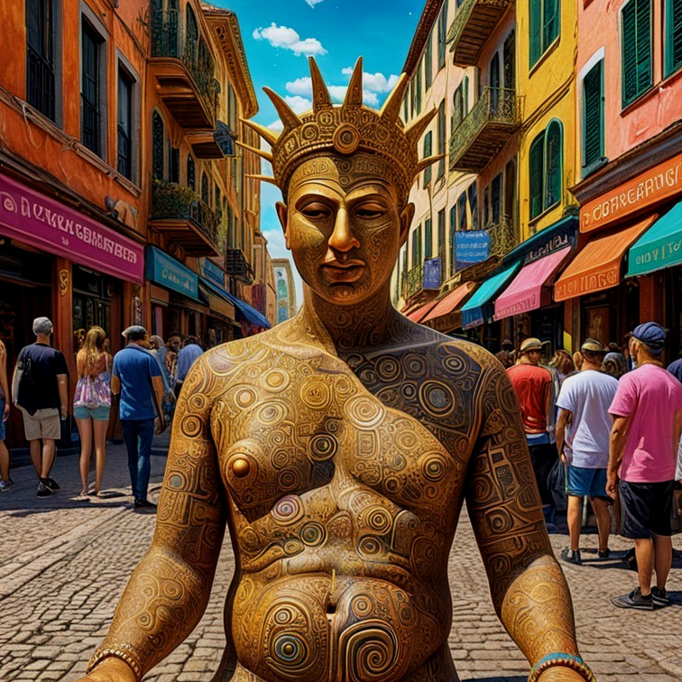 Intricately Designed Statue in Vibrant Marketplace Scene