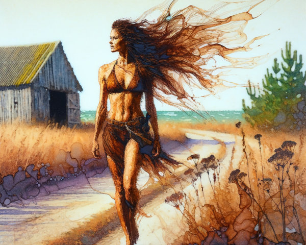 Graceful Woman on Sunlit Path in Serene Landscape