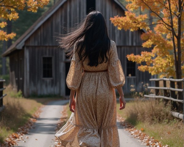 Woman in patterned dress on autumn path by cabin