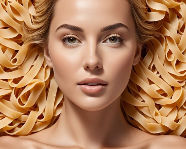 Close-Up Portrait of Woman on Yellow Pasta Strands