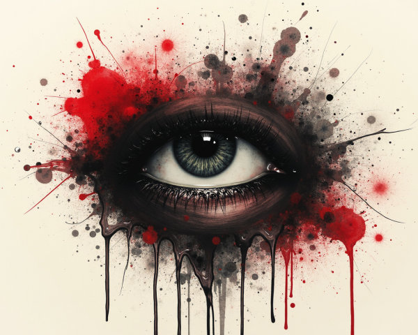 Human Eye Surrounded by Red and Black Splatters
