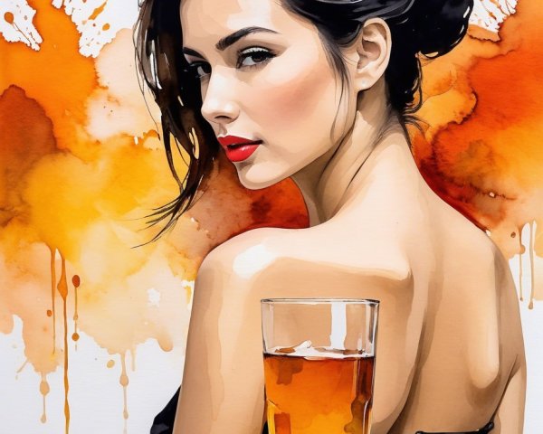Watercolor Illustration of Woman with Golden Drink