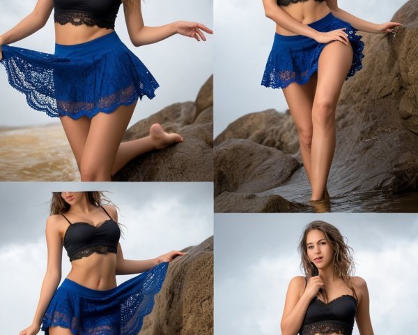 Model in Black Lace Bikini and Blue Lace Skirt on Beach